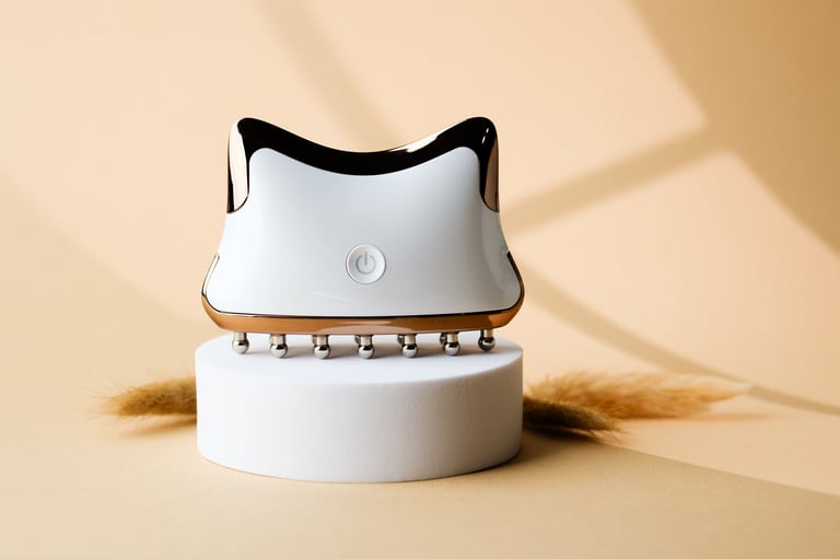 Elegant dolphin tail shaped massager with pearlescent white finish and matte rose-gold trim on a pink platform
