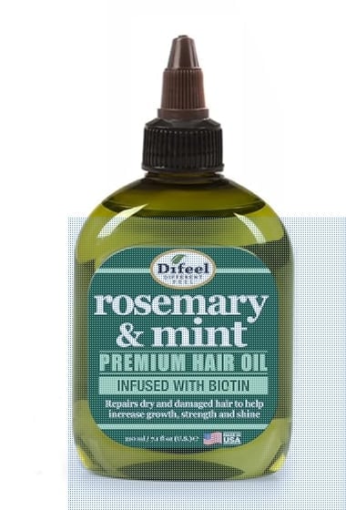 Difeel Rosemary and Mint Premium Hair Oil bottle with dropper cap, 7.5 fl oz, infused with biotin for hair growth and shine