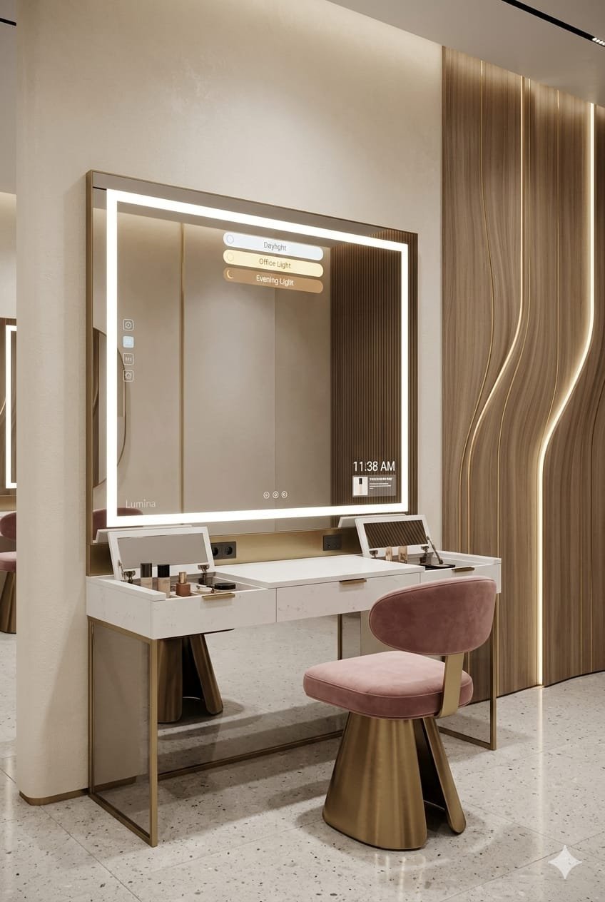 Modern vanity desk with illuminated mirror, white surface, and pink upholstered chair in contemporary bedroom setting