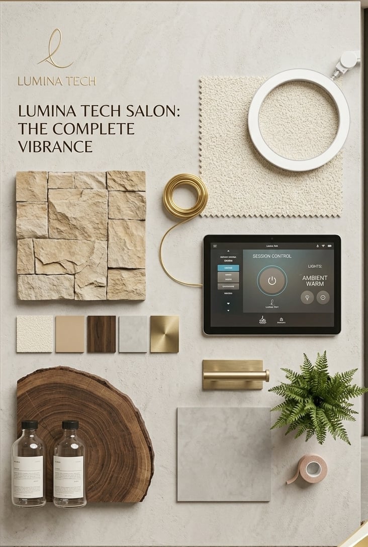 Lumina Tech salon product display featuring stone tiles, white fabric swatch, digital control tablet, wood accessories, and botanical elements on a neutral background