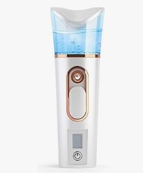 Portable facial mister spray bottle with white body, gold accents, blue water tank, and power button