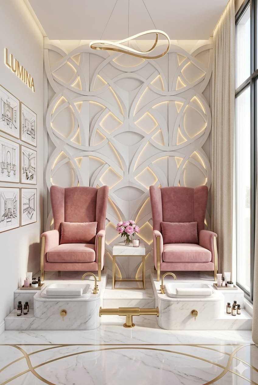 Luxurious spa treatment room with pink velvet chairs, white marble basins, and geometric gold-accented wall panels