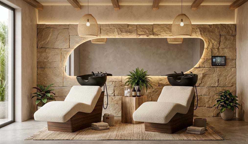 Modern spa interior with two cream lounge chairs, curved mirror, pendant lights, and stone accent wall with potted plants