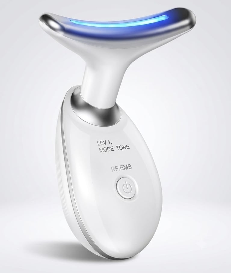 White and silver handheld facial device with blue LED light on curved top attachment, power button and control labels on base