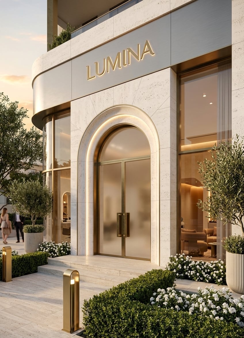 Modern luxury storefront with curved white marble facade, golden LUMINA signage, arched entrance doors, and manicured white flowering plants