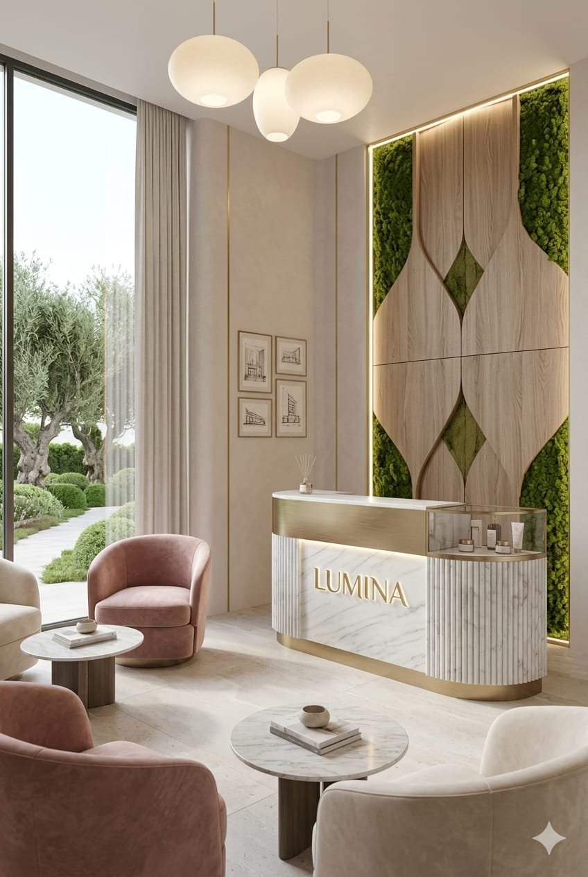 Modern luxury spa reception area with marble and wood accents, pendant lights, curved seating, and living green wall installation