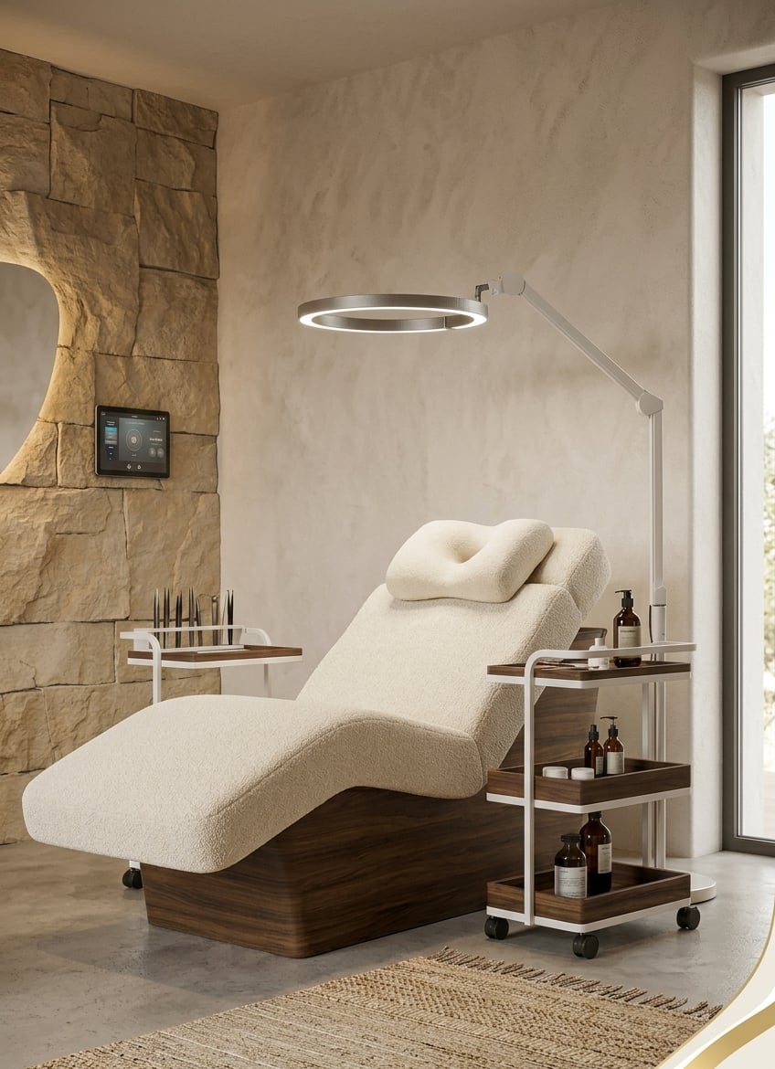 Modern spa treatment room with cream curved chaise lounge, warm stone accent wall, adjustable ring light, and mobile shelving unit with products