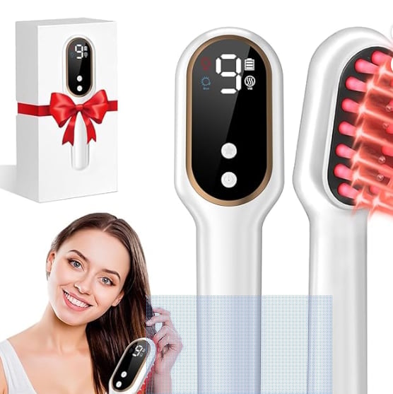 Hair growth laser comb device with digital display shown in gift box, front and back views, held by smiling woman